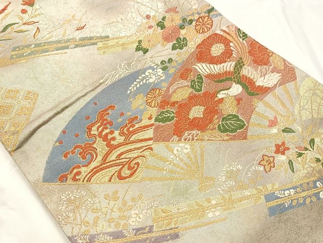 平和屋着物◎六通柄袋帯　唐織　扇面花鳥文　金銀糸　正絹　逸品　AAAK6604Bsa