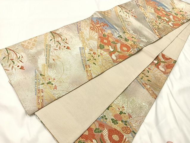 平和屋着物◎六通柄袋帯　唐織　扇面花鳥文　金銀糸　正絹　逸品　AAAK6604Bsa