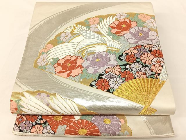 平和屋着物◎六通柄袋帯 唐織 扇面花鳥文 金銀糸 正絹 逸品 AAAK7680wt