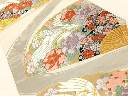 平和屋着物◎六通柄袋帯 唐織 扇面花鳥文 金銀糸 正絹 逸品 AAAK7680wt