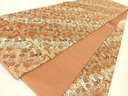 平和屋着物◎六通柄袋帯 糸巻花鳥文 金糸 正絹 逸品 AAAK7682wt