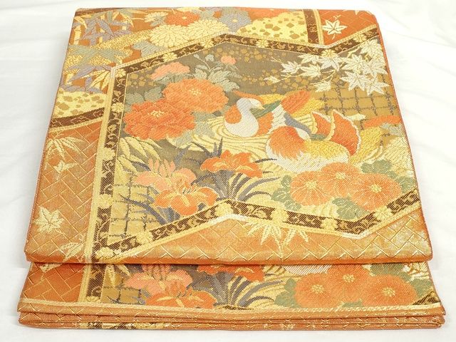 平和屋着物◎佐賀錦 六通柄袋帯 屏風鴛鴦花文 金糸 正絹 逸品 AAAK8313Bgw