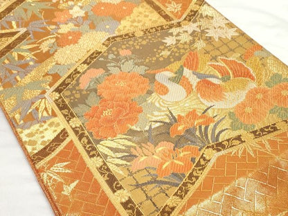 平和屋着物◎佐賀錦 六通柄袋帯 屏風鴛鴦花文 金糸 正絹 逸品 AAAK8313Bgw
