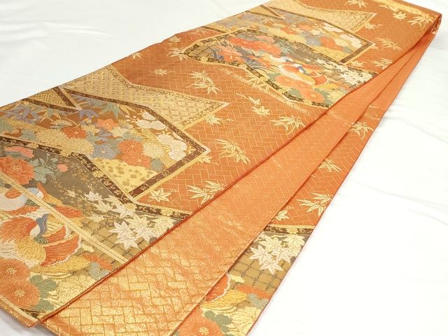 平和屋着物◎佐賀錦 六通柄袋帯 屏風鴛鴦花文 金糸 正絹 逸品 AAAK8313Bgw
