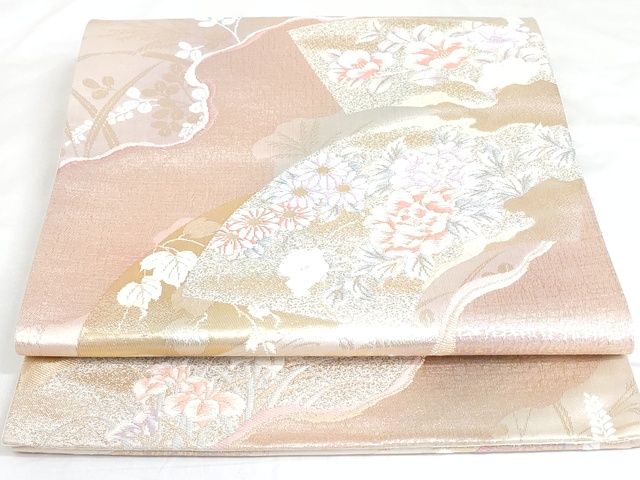平和屋着物◎六通柄袋帯 道長地紙花文 金糸 正絹 逸品 AAAK8325Bgw