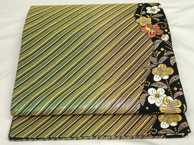 平和屋着物◎六通柄袋帯 斜縞花文 金糸 正絹 逸品 AAAK8356Bgw