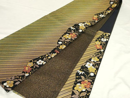 平和屋着物◎六通柄袋帯 斜縞花文 金糸 正絹 逸品 AAAK8356Bgw