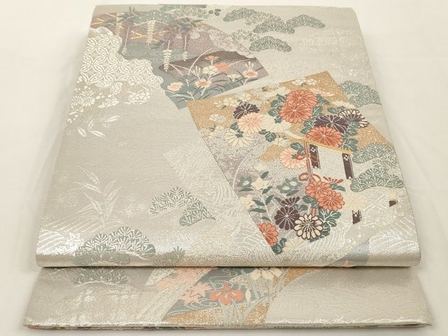 平和屋着物◎六通柄袋帯 色紙草花文 金銀糸 正絹 逸品 AAAK8980Bey