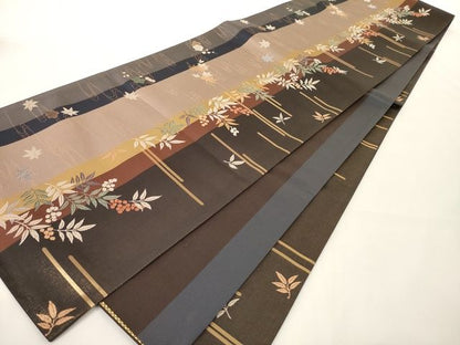 平和屋着物◎全通柄袋帯 流水草花文 金糸 正絹 逸品 AAAK8981Bey