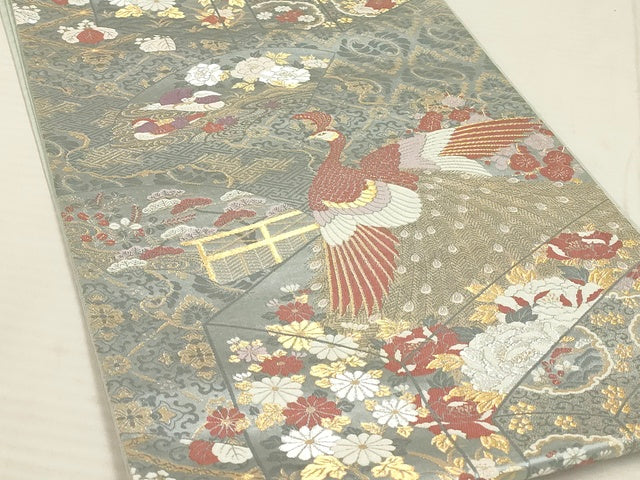 平和屋着物◎六通柄袋帯 九百新花鳥錦 孔雀花文 金銀糸 正絹 逸品 AAALAAAL1615Amf