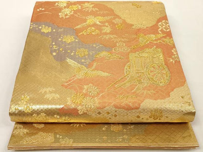 平和屋着物◎佐賀錦 六通柄袋帯 道長御所車花鳥文 金糸 正絹 逸品 AAAL2452ey