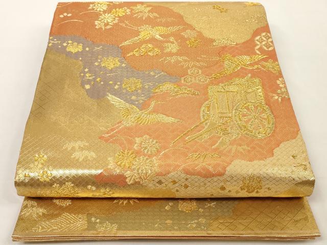 平和屋着物◎佐賀錦 六通柄袋帯 道長御所車花鳥文 金糸 正絹 逸品 AAAL2452ey