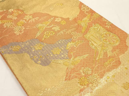 平和屋着物◎佐賀錦 六通柄袋帯 道長御所車花鳥文 金糸 正絹 逸品 AAAL2452ey