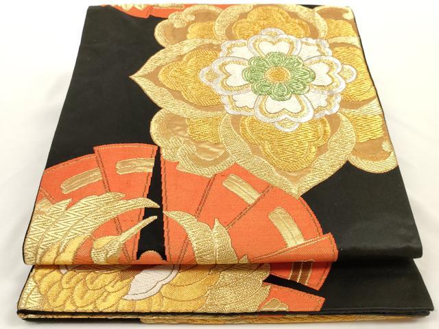 平和屋着物◎六通柄袋帯 唐織 鶴丸花文 黒地 金銀糸 正絹 逸品 AAAL2463ey