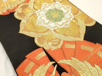 平和屋着物◎六通柄袋帯 唐織 鶴丸花文 黒地 金銀糸 正絹 逸品 AAAL2463ey