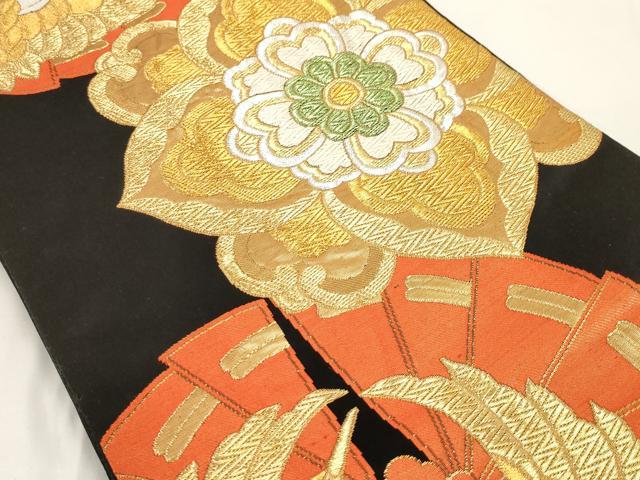 平和屋着物◎六通柄袋帯 唐織 鶴丸花文 黒地 金銀糸 正絹 逸品 AAAL2463ey