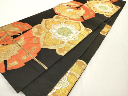 平和屋着物◎六通柄袋帯 唐織 鶴丸花文 黒地 金銀糸 正絹 逸品 AAAL2463ey
