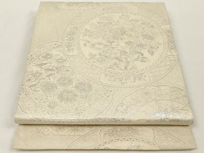 平和屋着物◎六通柄袋帯 絵皿花蝶文 銀糸 正絹 逸品 AAAL2470ey