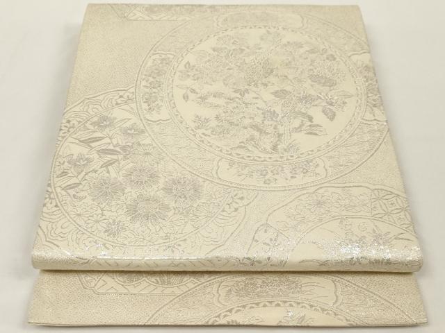 平和屋着物◎六通柄袋帯 絵皿花蝶文 銀糸 正絹 逸品 AAAL2470ey