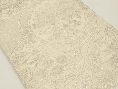 平和屋着物◎六通柄袋帯 絵皿花蝶文 銀糸 正絹 逸品 AAAL2470ey