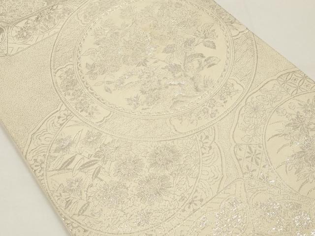 平和屋着物◎六通柄袋帯 絵皿花蝶文 銀糸 正絹 逸品 AAAL2470ey