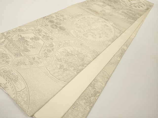 平和屋着物◎六通柄袋帯 絵皿花蝶文 銀糸 正絹 逸品 AAAL2470ey