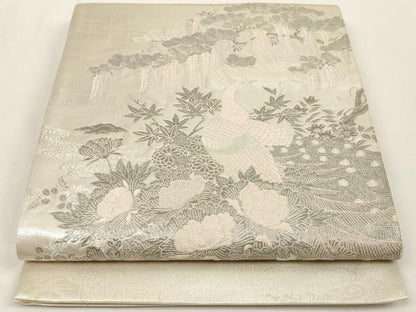 平和屋着物◎六通太鼓柄袋帯 王朝飾花鳥園図 銀糸 正絹 逸品 AAAL2472ey