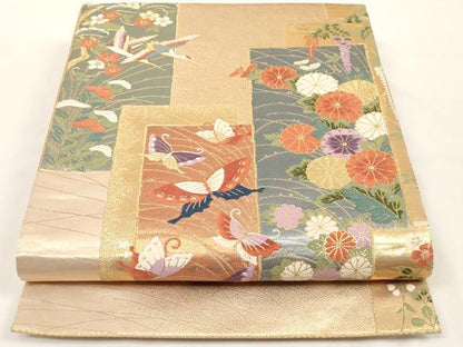平和屋着物◎六通柄袋帯 短冊花蝶文 金糸 正絹 逸品 AAAL2493ey