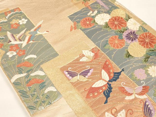 平和屋着物◎六通柄袋帯 短冊花蝶文 金糸 正絹 逸品 AAAL2493ey