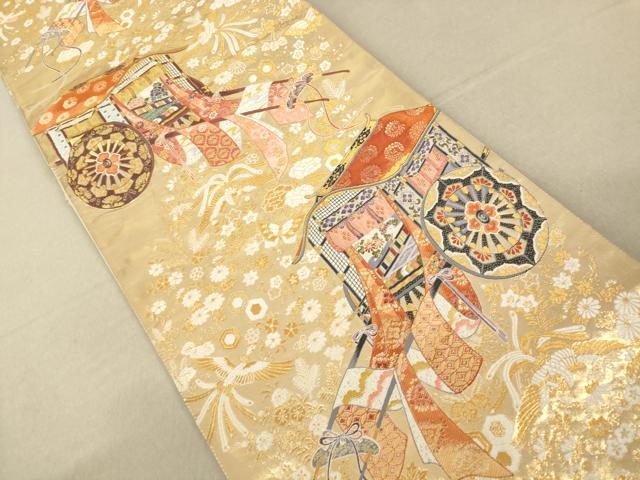 平和屋着物◎六通柄袋帯 御所車鳳凰花蝶文 金糸 正絹 逸品 AAAL3081fw