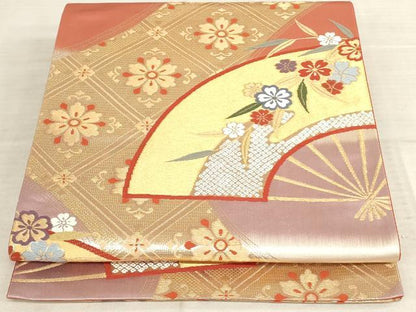 平和屋着物◎六通柄袋帯 扇面花文 金糸 正絹 逸品 AAAL3282ru