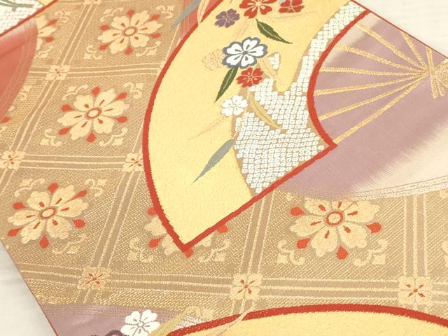 平和屋着物◎六通柄袋帯 扇面花文 金糸 正絹 逸品 AAAL3282ru