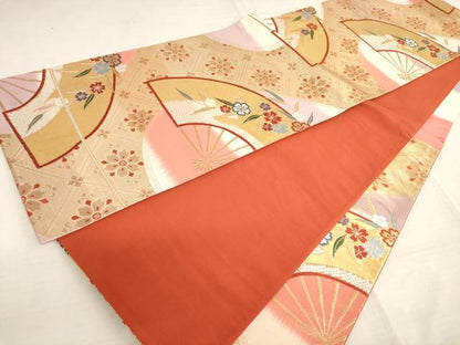 平和屋着物◎六通柄袋帯 扇面花文 金糸 正絹 逸品 AAAL3282ru