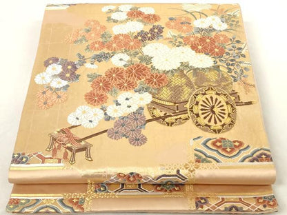 平和屋着物◎六通柄袋帯 慶長錦 格子花車文様 金糸 正絹 逸品 AAAL3337ru