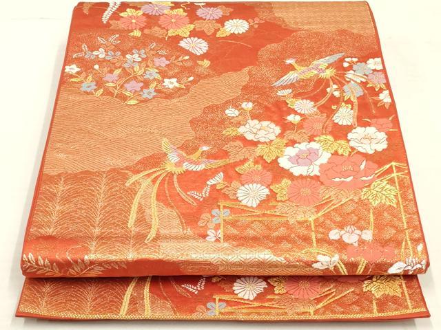 平和屋着物◎六通柄袋帯 九百緞子織 道長花鳥文 金銀糸 正絹 逸品 AAAL3370ru
