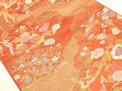 平和屋着物◎六通柄袋帯 九百緞子織 道長花鳥文 金銀糸 正絹 逸品 AAAL3370ru