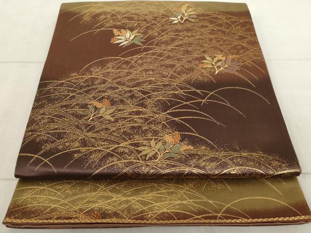 平和屋着物◎六通柄袋帯 横段草花文 金糸 正絹 逸品 AAAL3916tm