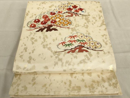 平和屋着物◎太鼓柄袋帯 駒刺繍 総刺繍 吉祥花文 松 金銀糸 正絹 逸品 AAAL3944tm
