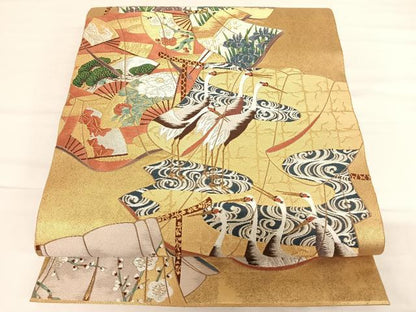 平和屋着物◎六通柄袋帯 流水群鶴文 金銀糸 正絹 逸品 AAAL4025wt