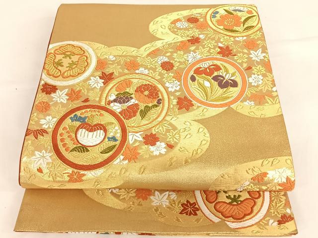 平和屋着物◎六通柄袋帯 唐織 雲取り花丸文 金糸 正絹 逸品 AAAL4046wt