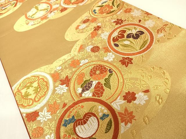 平和屋着物◎六通柄袋帯 唐織 雲取り花丸文 金糸 正絹 逸品 AAAL4046wt
