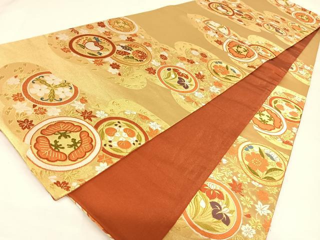 平和屋着物◎六通柄袋帯 唐織 雲取り花丸文 金糸 正絹 逸品 AAAL4046wt