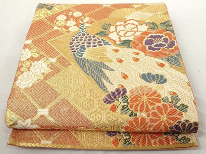 平和屋着物◎佐賀錦 六通柄袋帯 孔雀吉祥花文 金糸 正絹 逸品 AAAL5366az