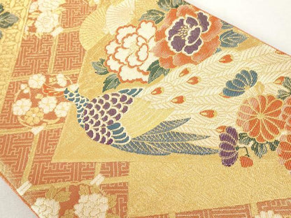 平和屋着物◎佐賀錦 六通柄袋帯 孔雀吉祥花文 金糸 正絹 逸品 AAAL5366az