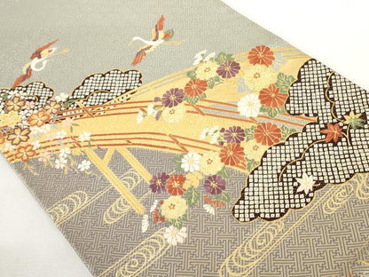 平和屋着物◎六通太鼓柄袋帯 渡り橋花鳥文 金糸 正絹 逸品 AAAL5384az