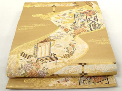 平和屋着物◎六通柄袋帯 御所車花鳥巻絵文 金糸 正絹 逸品 AAAL5392az