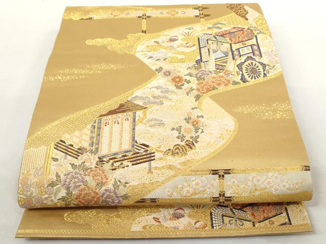 平和屋着物◎六通柄袋帯 御所車花鳥巻絵文 金糸 正絹 逸品 AAAL5392az