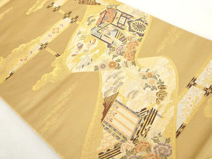 平和屋着物◎六通柄袋帯 御所車花鳥巻絵文 金糸 正絹 逸品 AAAL5392az