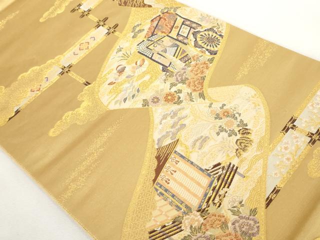 平和屋着物◎六通柄袋帯 御所車花鳥巻絵文 金糸 正絹 逸品 AAAL5392az