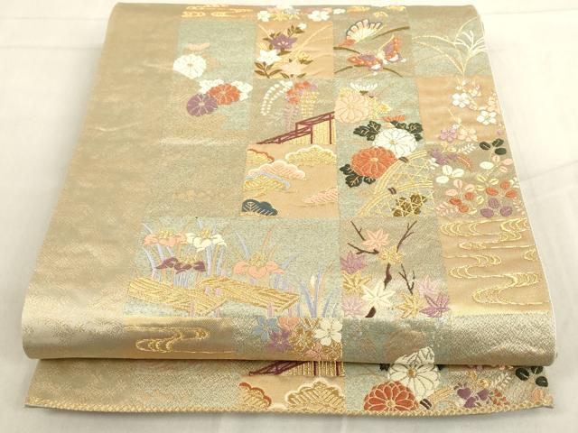 平和屋着物◎六通柄袋帯 市松花蝶文 金糸 正絹 逸品 AAAL5479az